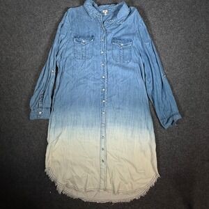 REBA Womens Tencil Denim Ombre Button Down Shirt Dress Frayed Hem Size XL